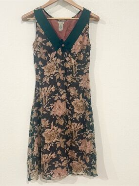 Silk Vintage Odille Flowy Midi Dress with Beige Floral and Teal Trim